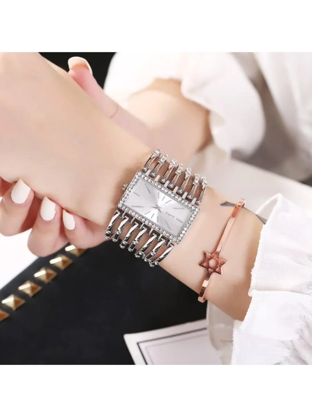 Women's Silver Luxury Rectangular Case Analog Quartz Fashion Dress Wrist Watches